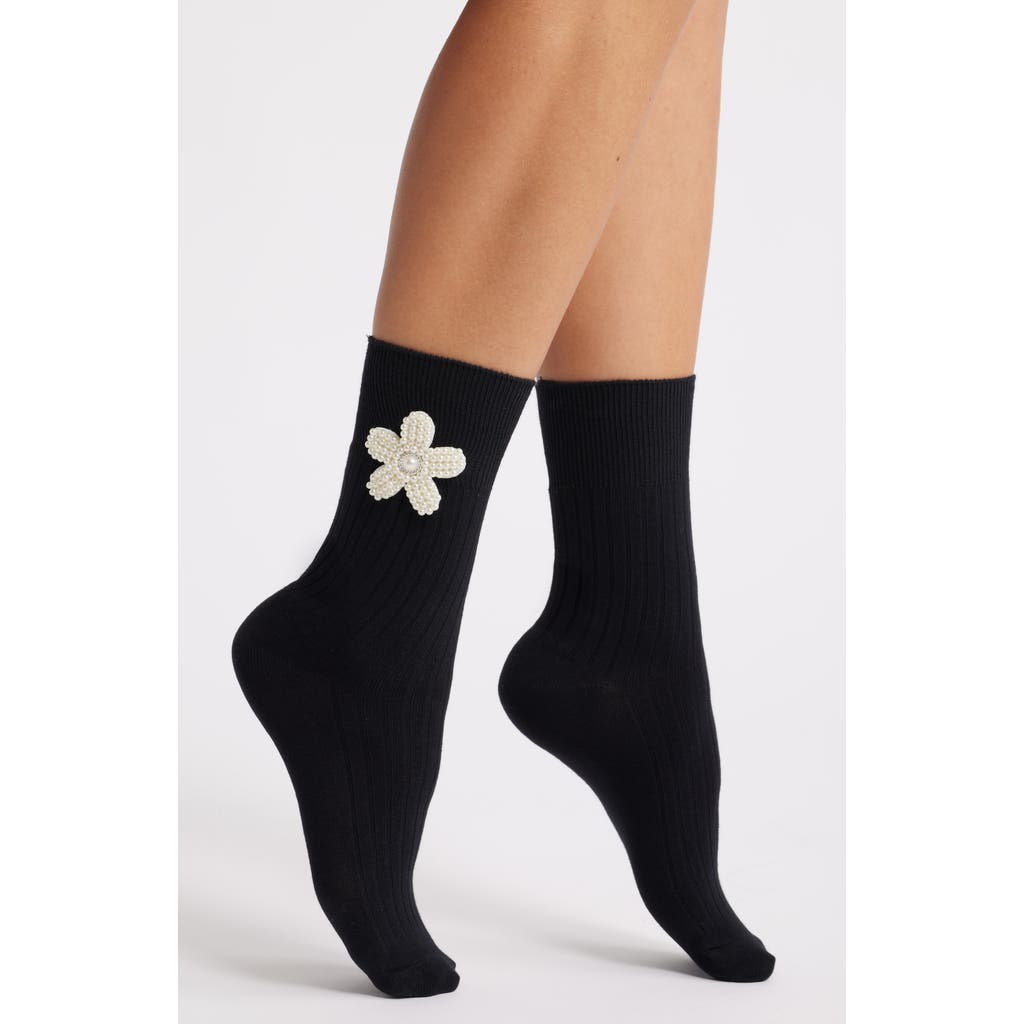High Heel Jungle Imitation Pearl Flower Socks In Black