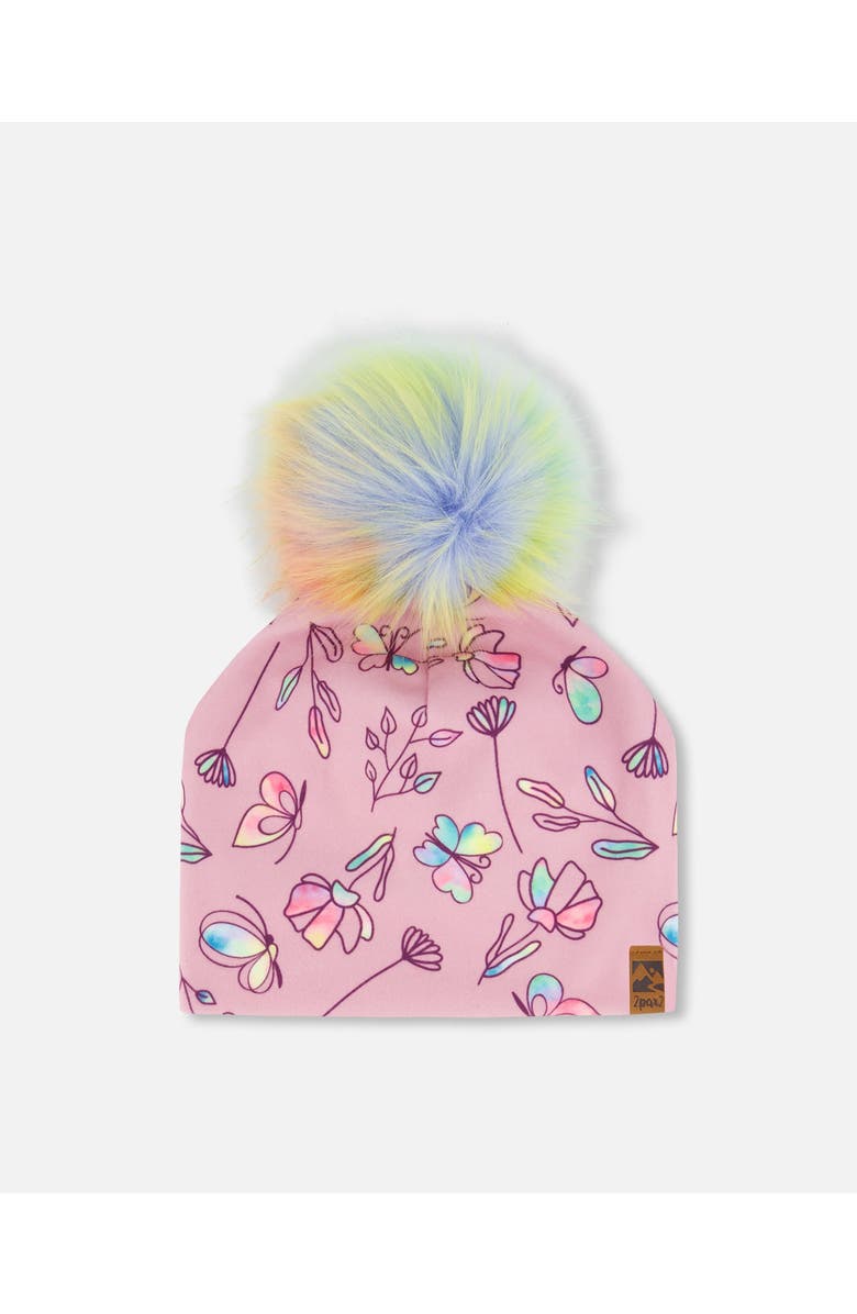 Deux par Deux Girl's Printed Jersey Detachable Pompom Hat Lilac And Multicolored Butterfly, Main, color, 