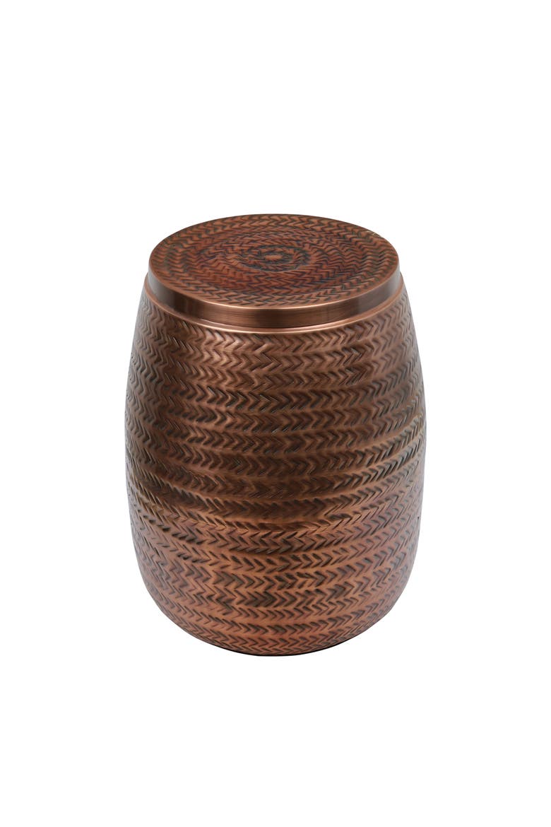 Jasper 15" Modern Rustic Arrow-Hammered Metal Drum Storage Side Table with Lid, Alternate, color, Antique Copper