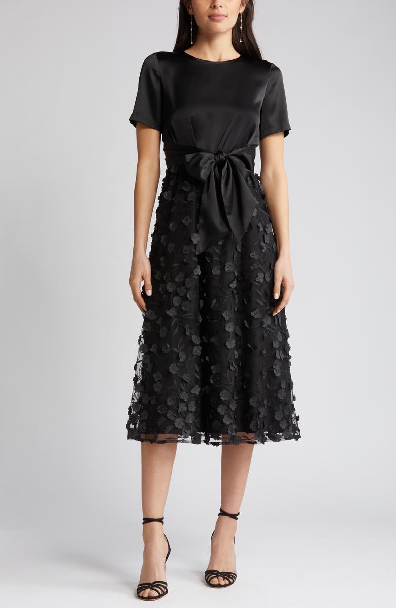 Anne Klein Floral Appliqué Tie Waist Satin Midi Dress, Alternate, color, 