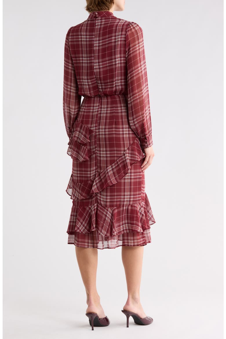 Evelyn Mock Neck Long Sleeve Ruffle Midi Dress, Alternate, color, BURGUNDY PLAID