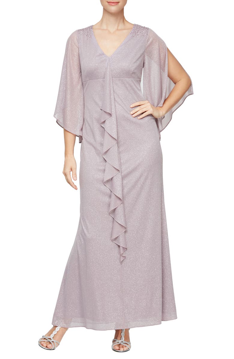 SL FASHIONS V-Neck Cape Sleeve Center Front Cascade Detail Embellished Shoulder Long Gown, Main, color, 