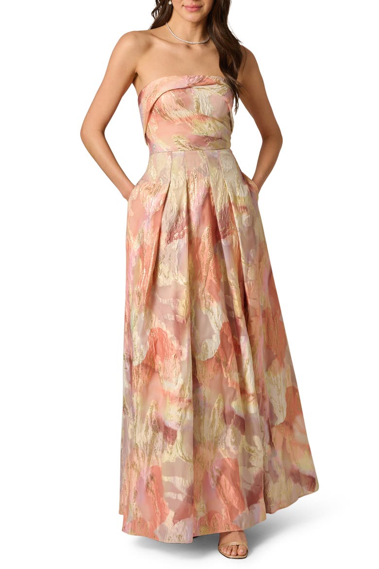 Strapless Floral Print Metallic Jacquard Gown, Main, color, CORAL MULTI