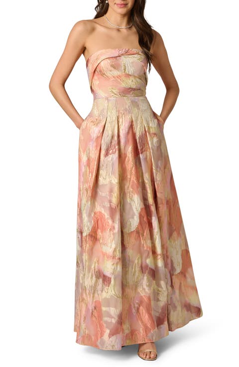 Strapless Floral Print Metallic Jacquard Gown