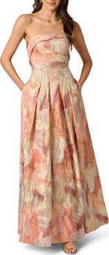 Aidan Mattox Strapless Floral Print Metallic Jacquard Gown