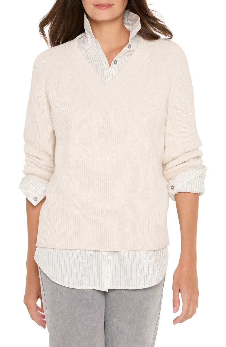 NIC+ZOE Shaker Stitch V-Neck Sweater, Main, color, Classic Cream