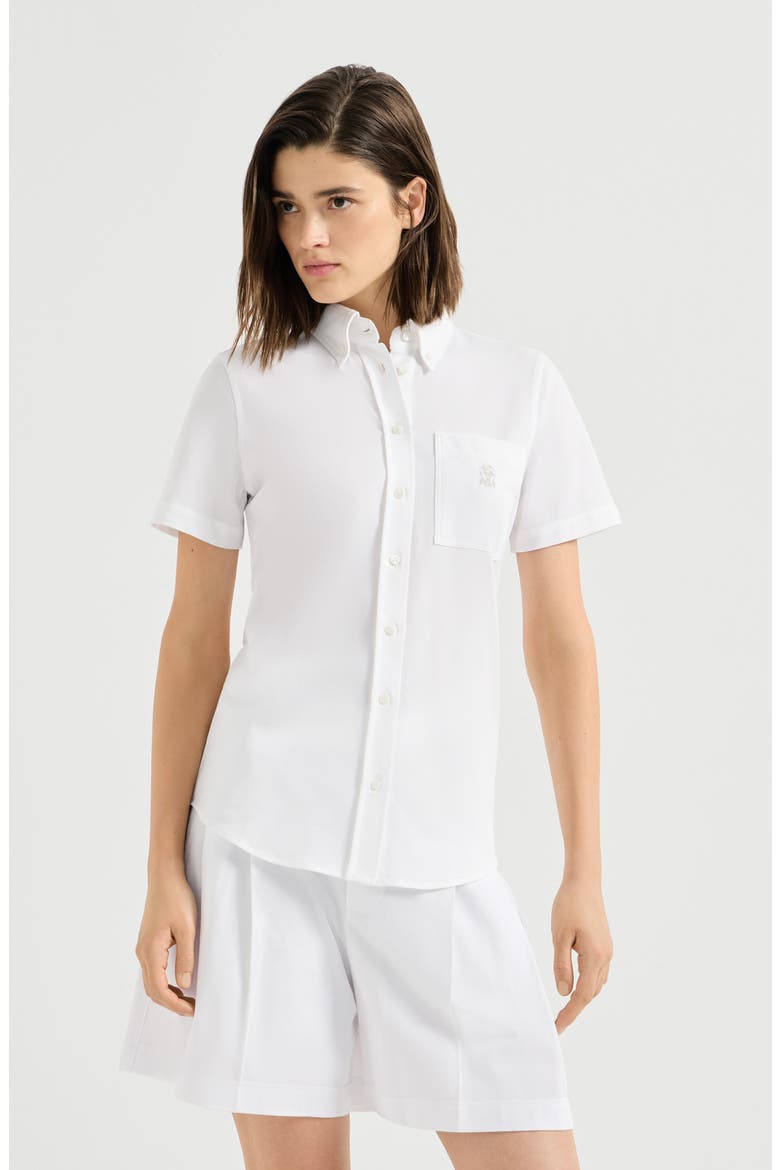 Stretch cotton piqué short sleeve shirt with logo, Main, color, White