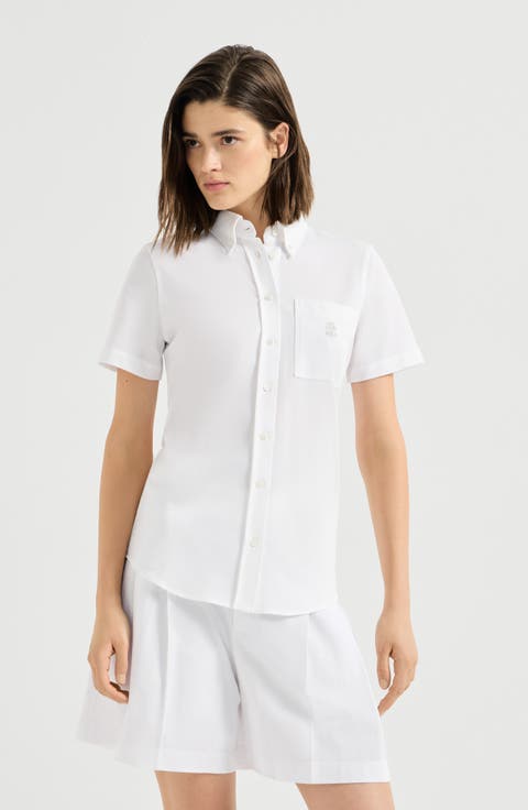 Stretch cotton piqué short sleeve shirt with logo