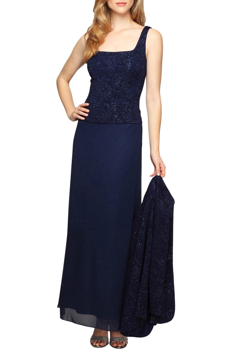 Alex Evenings Two-Piece Jacquard Gown with Jacket, Alternate, color, Navy