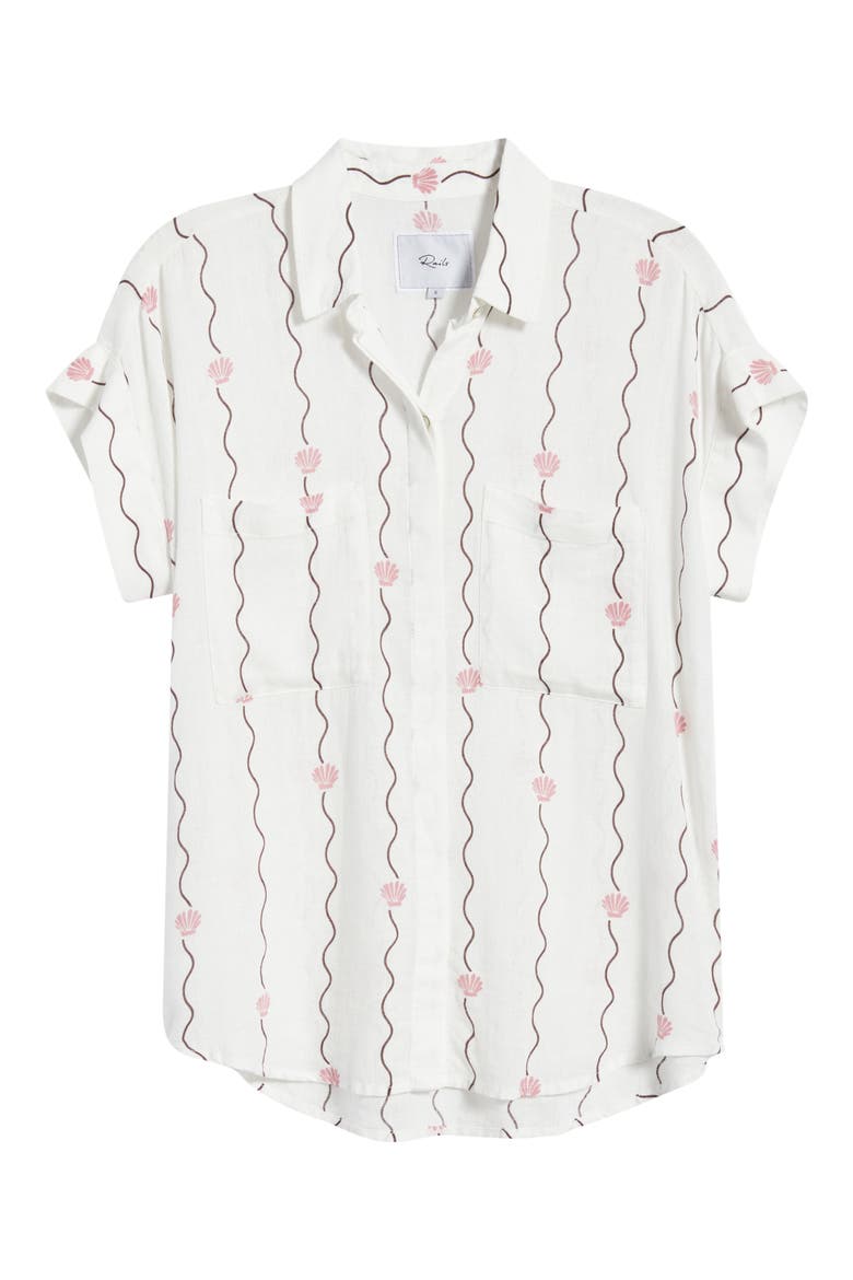 Cito Seashell Print Linen Blend Button-Up Shirt, Alternate, color, STRIPED SEASHELLS