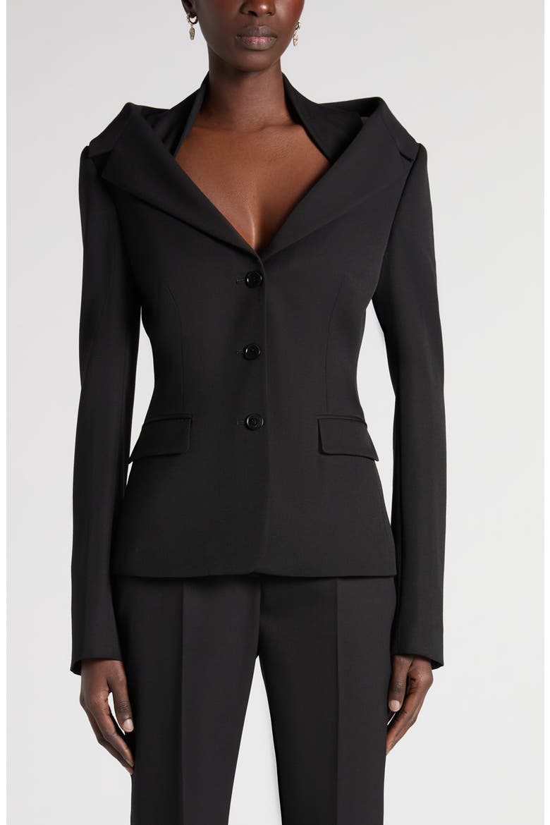 Off the Shoulder Wool Grain de Poudre Harness Jacket, Main, color, BLACK