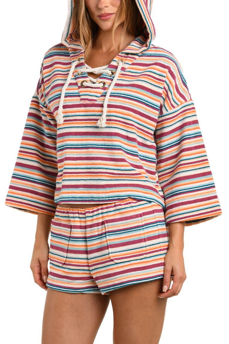 Lee Watercolor Stripe Crop Cotton Terry Cover-Up Poncho, Alternate, color, PINK MULTI