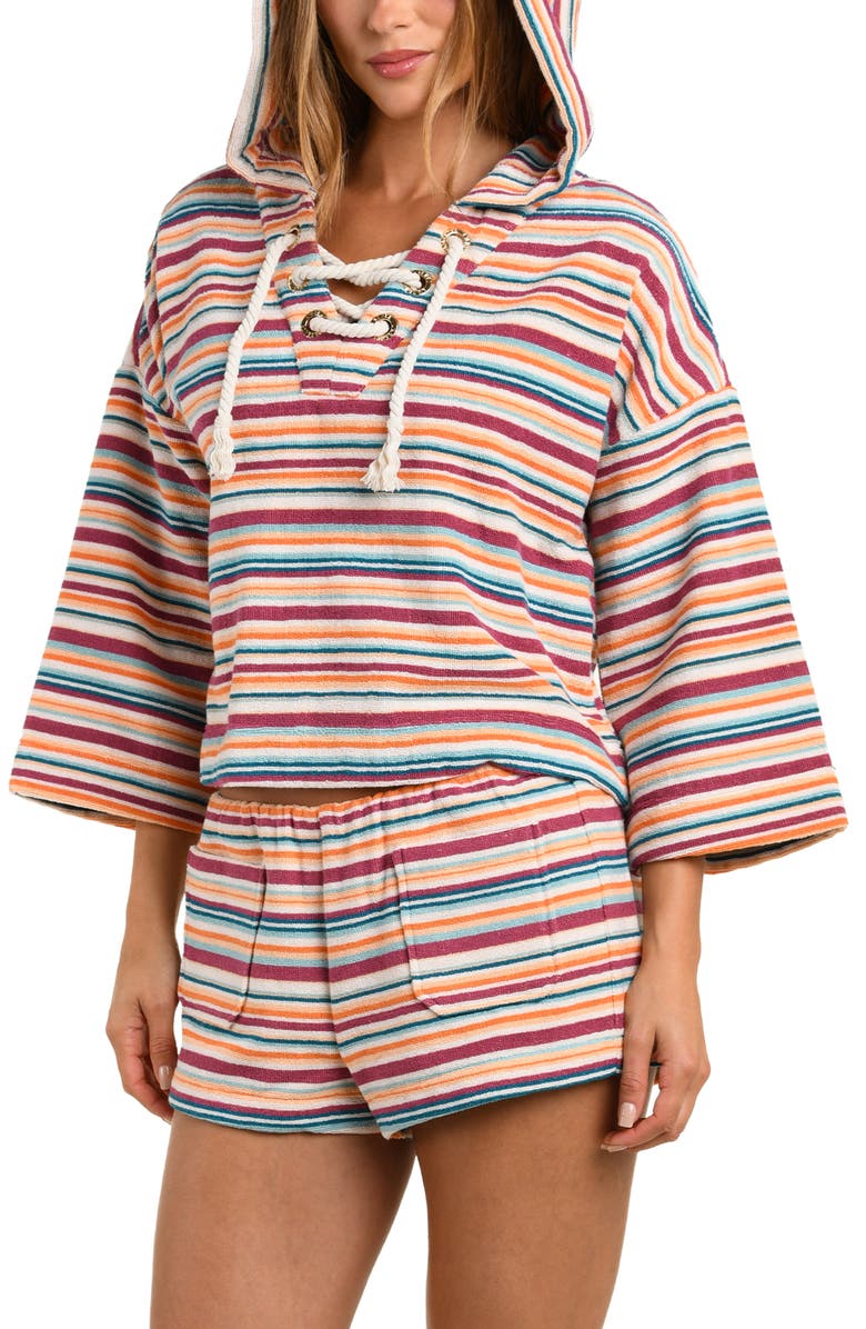 L'AGENCE Lee Watercolor Stripe Crop Cotton Terry Cover-Up Poncho, Alternate, color, Pink Multi