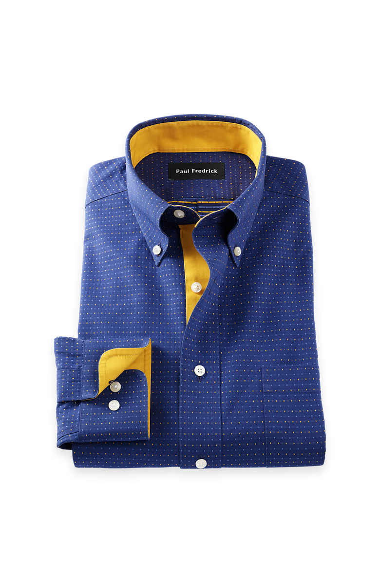 Paul Fredrick Slim Fit Comfort Stretch Non-iron Dot Dress Shirt With Contrast Trim, Main, color, Navy/Gold