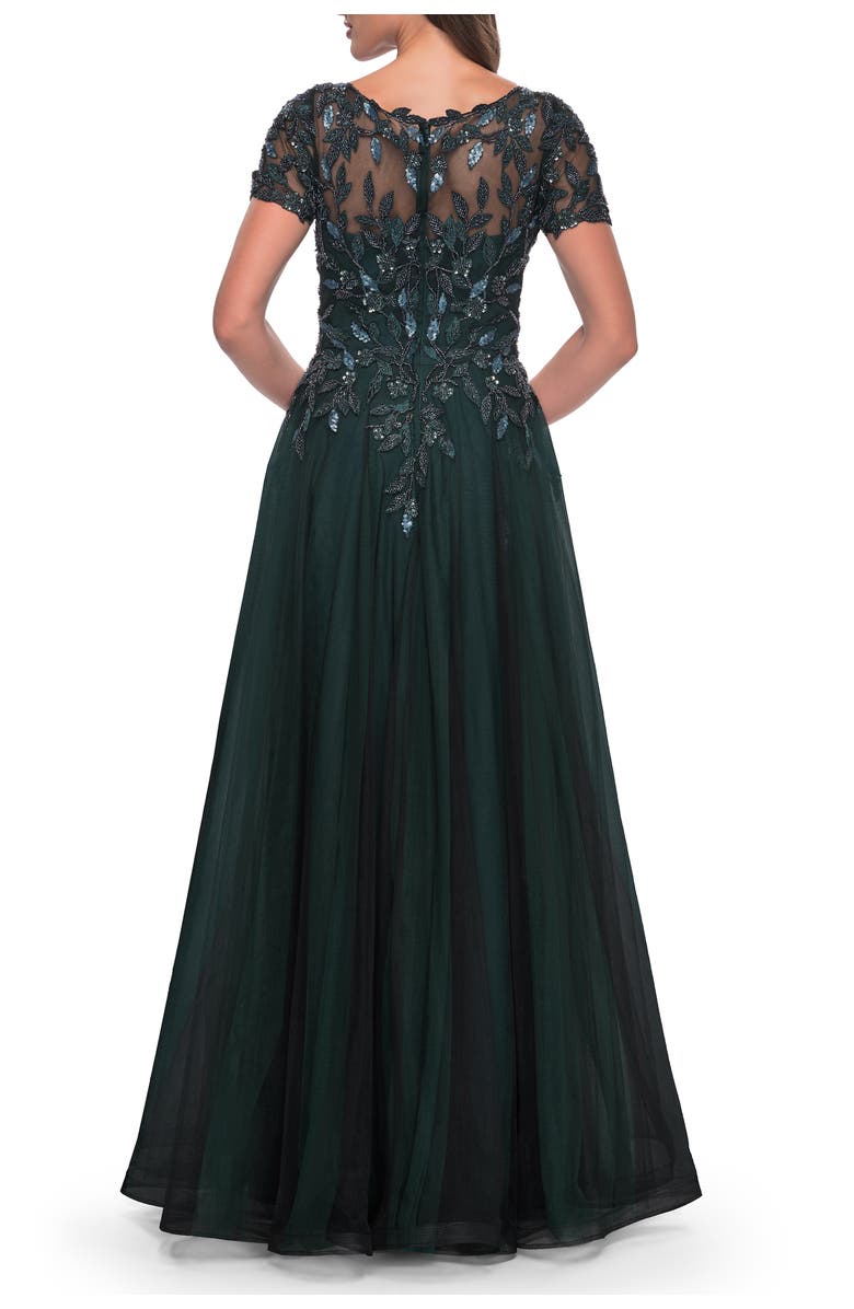 La Femme Beautiful A-Line Tulle Dress with Beaded Bodice, Alternate, color, Black/Emerald