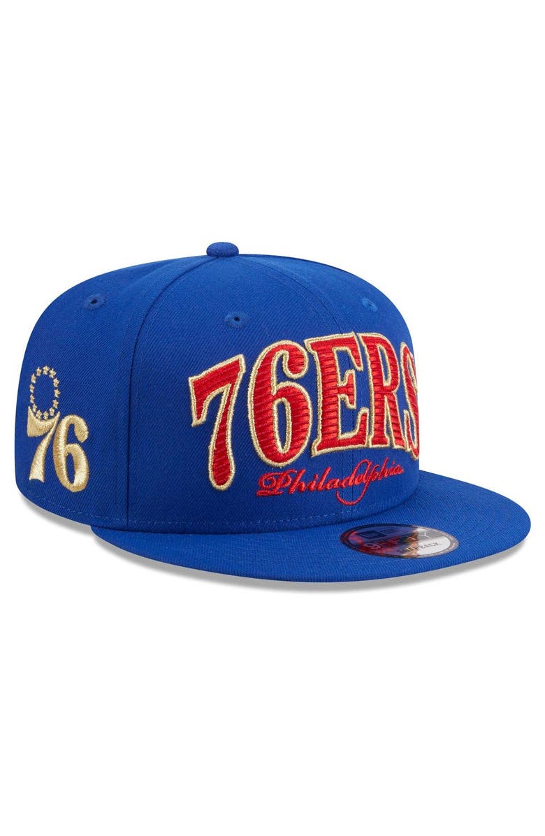 New Era Men's New Era Royal Philadelphia 76ers Golden Tall Text 9FIFTY Snapback Hat, Main, color, Royal