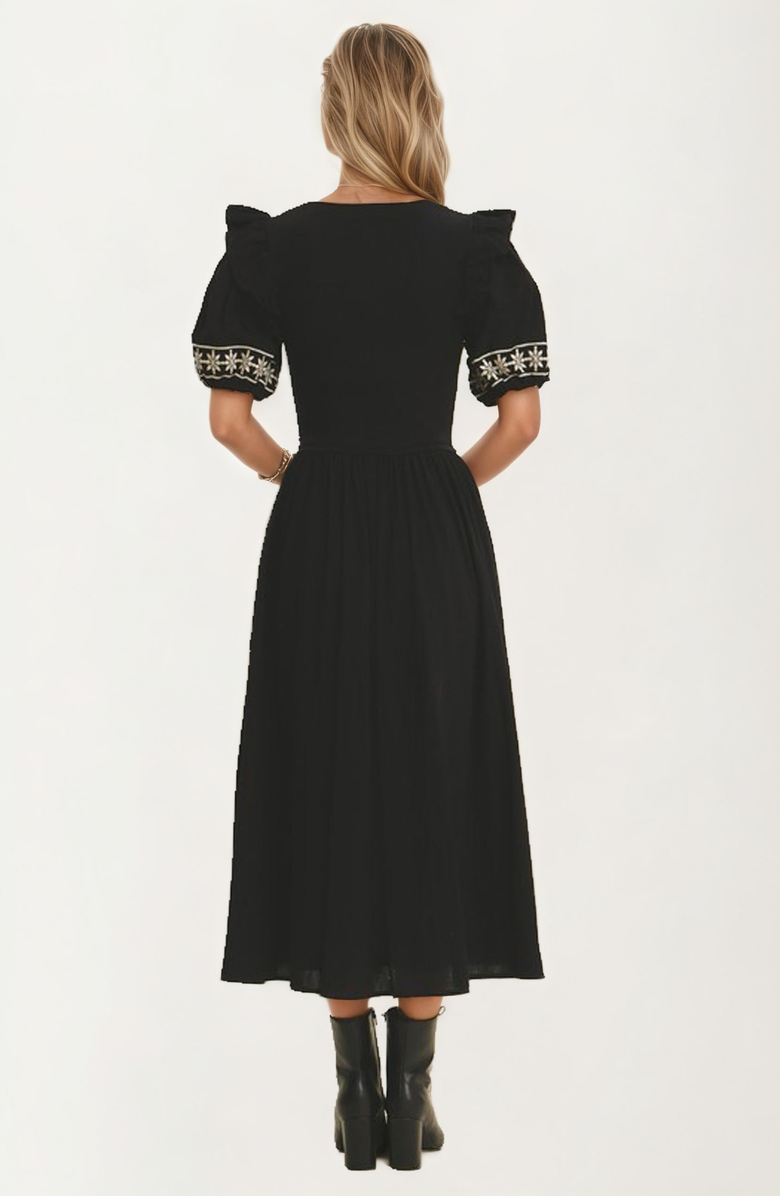 Knit and Lounge Embroidered Cuff Puff Sleeve Midi Dress, Alternate, color, 