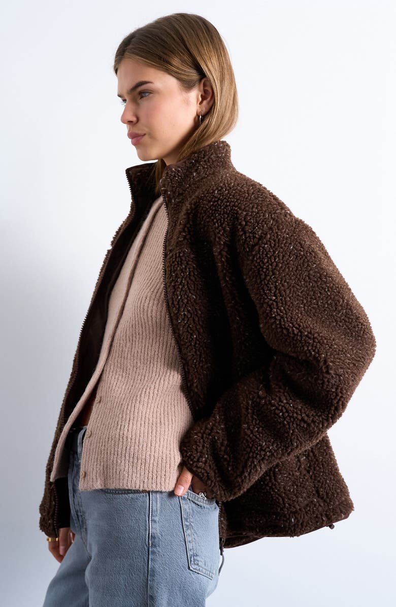 Topshop Oversize Fleece Jacket, Alternate, color, Dark Brown Multi