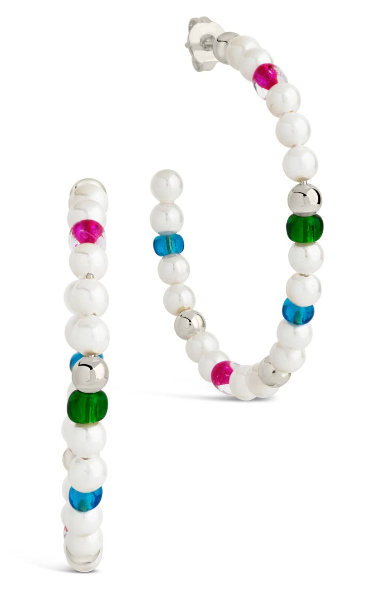 Sterling Forever Polly Cultured Pearl & Bead Hoop Earrings, Main, color, Silver