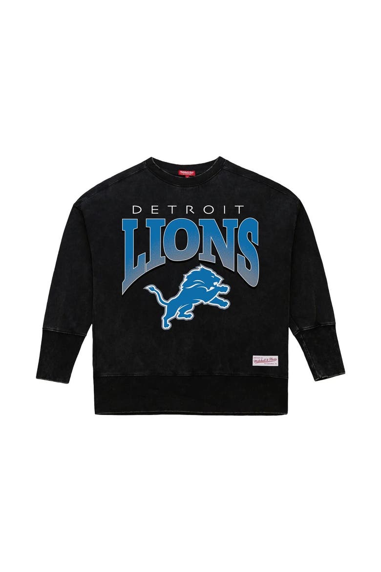 Women's Mitchell & Ness  Black Detroit Lions Delineate Mineral Wash Crewneck Sweatshirt, Alternate, color, Black