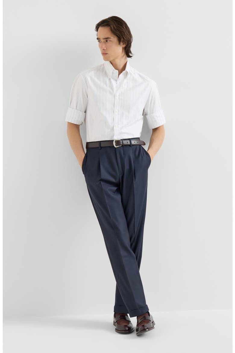 Super 150s virgin wool four season batavia trousers with pleat, Alternate, color, Navy Blue