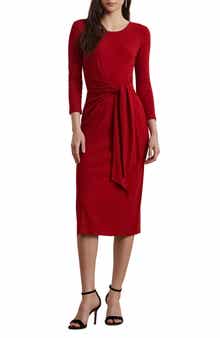 Lauren Ralph Lauren Tie Waist Rib Cotton Blend Midi Dress