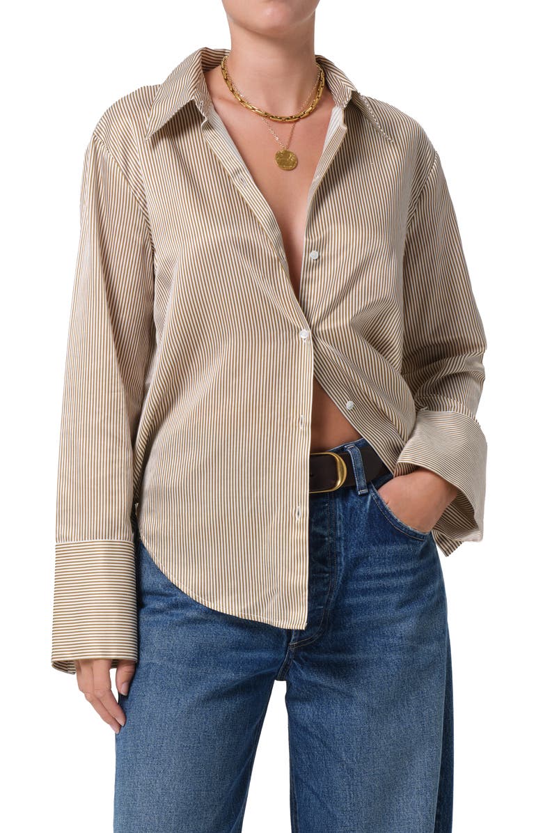 Citizens of Humanity Camilia Cotton & Silk Button-Up Shirt, Main, color, Bronze Strpe Khaki