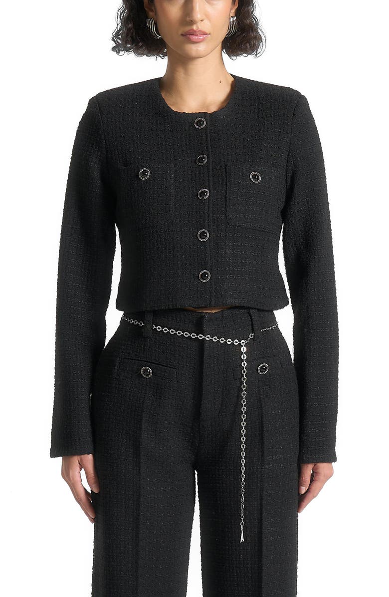 Manière De Voir Celine Cropped Tweed Jacket with Pearls, Alternate, color, Black
