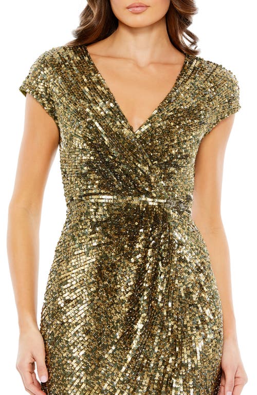 Mac Duggal Sequin Wrap Front Sheath Gown In Olive