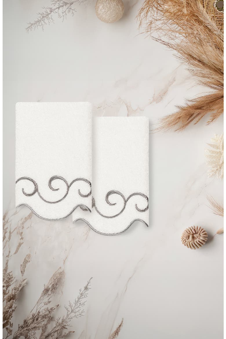 Simplicity Embroidered Scallop 2-Piece Washcloth Set, Alternate, color, WHITE/ GRAY
