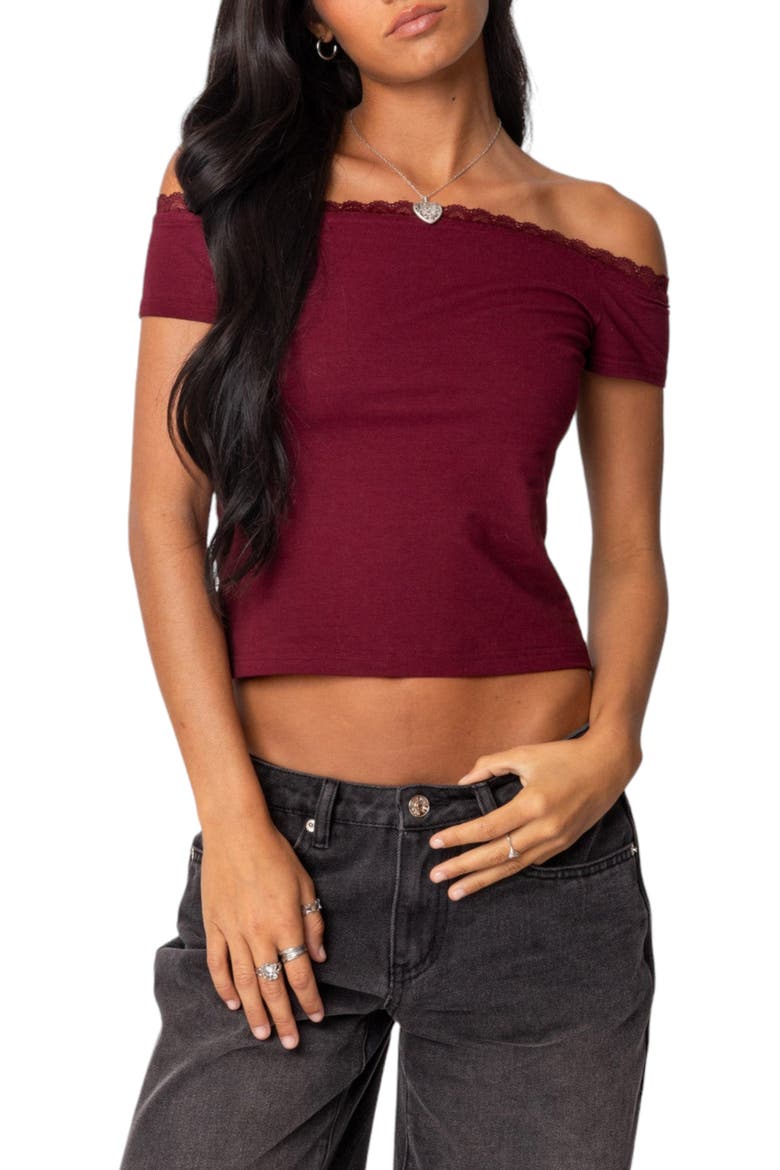 XOE Lace Trim Off the Shoulder Crop Top, Main, color, BURGUNDY