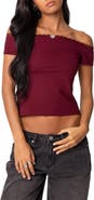 EDIKTED XOE Lace Trim Off the Shoulder Crop Top