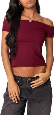 EDIKTED XOE Lace Trim Off the Shoulder Crop Top