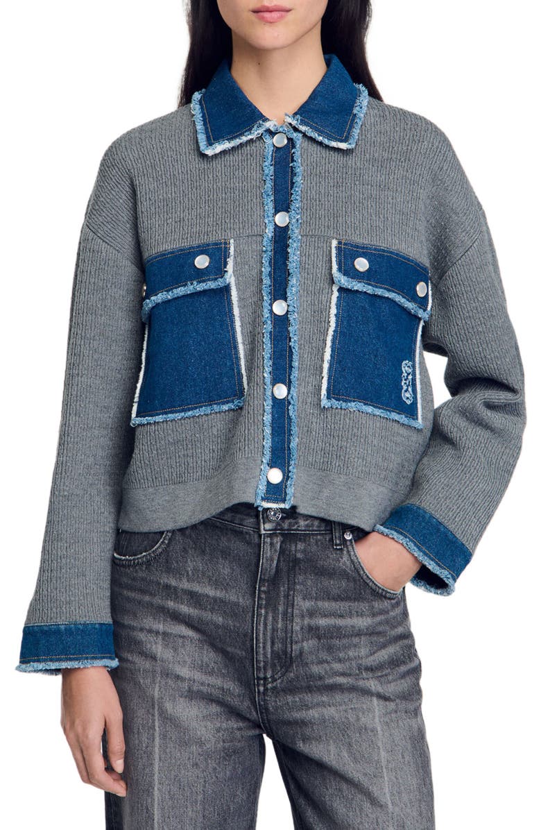 SANDRO Denim and knitwear coatigan, Alternate, color, 