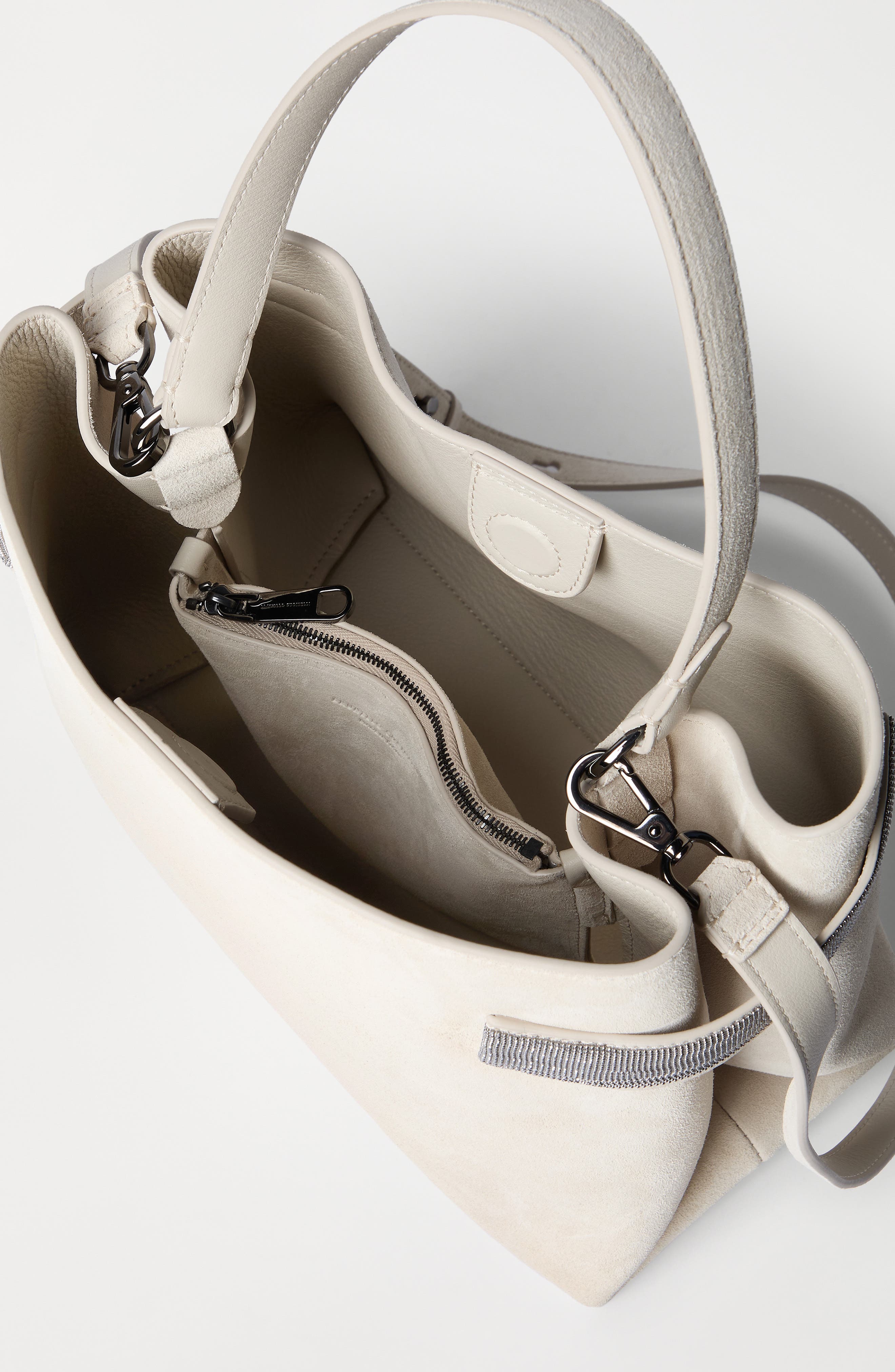 Brunello Cucinelli Suede Top-Handle Essence bag, Alternate, color, Ivory