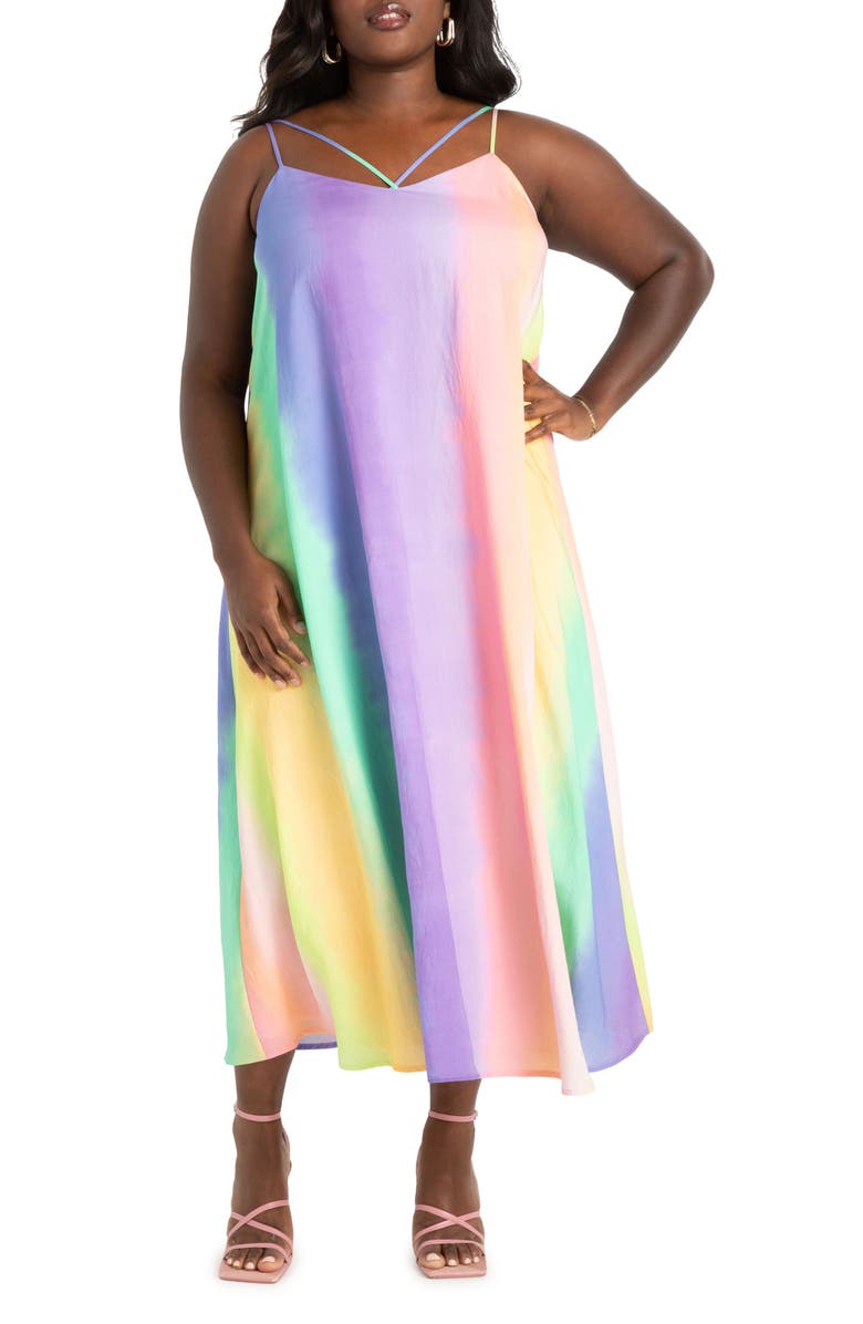 ELOQUII Rainbow Trapeze Maxi Dress, Main, color, 