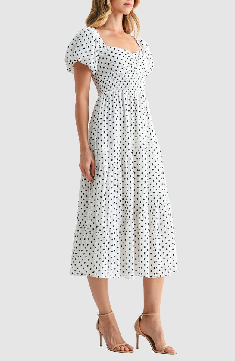 Lush Polka Dot Smocked Midi Dress, Alternate, color, Cream Dot