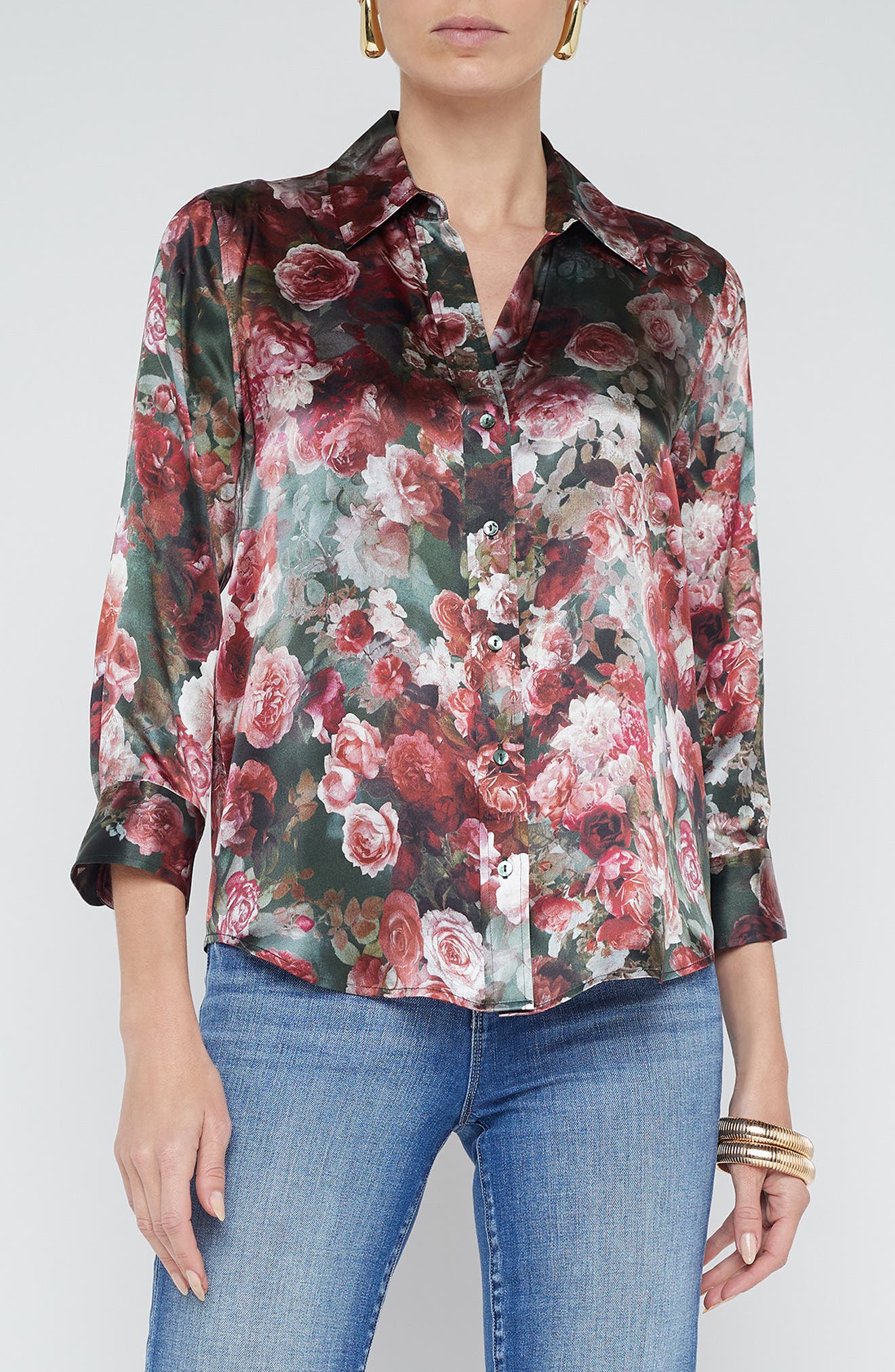 L'AGENCE Dani Floral Silk Button-Up Shirt