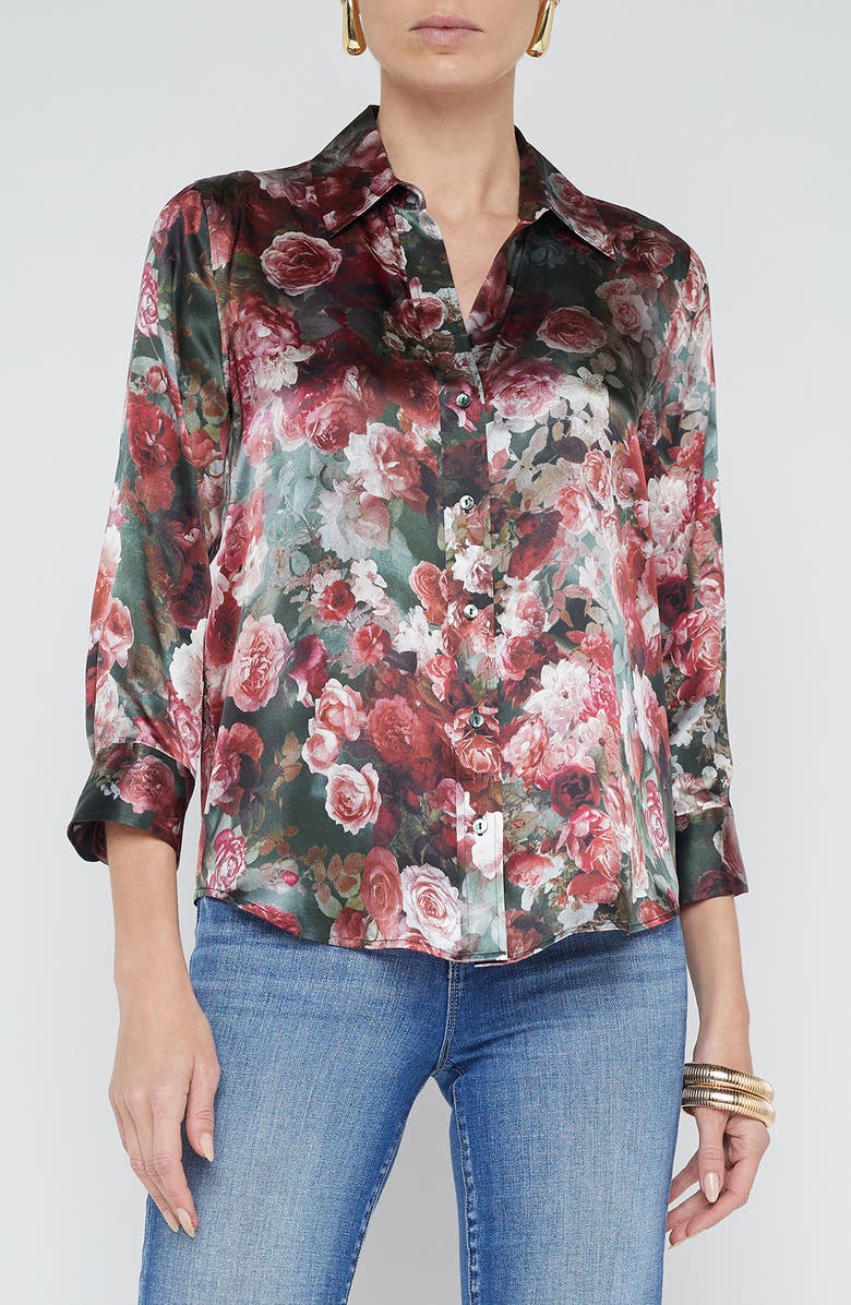 L'AGENCE Dani Floral Silk Button-Up Shirt, Main, color, Sage Multi Soft Cloud Floral