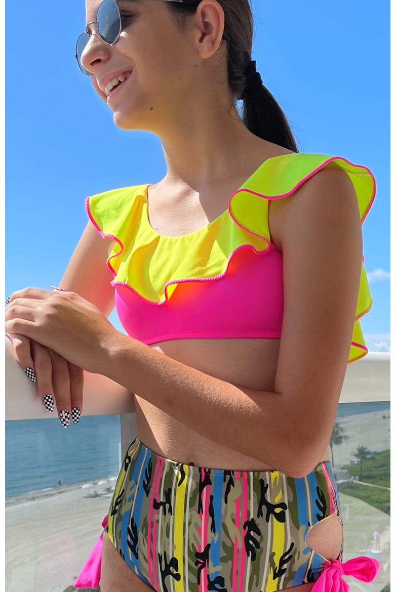 Kids' Bold Mix Ruffle Bikini Neon Lime & Camo Print, Alternate, color, Multicolor