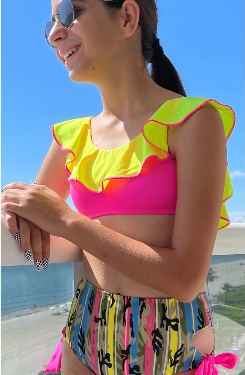 NESSI BYRD Kids' Bold Mix Ruffle Bikini Neon Lime & Camo Print, Alternate, color, Multicolor