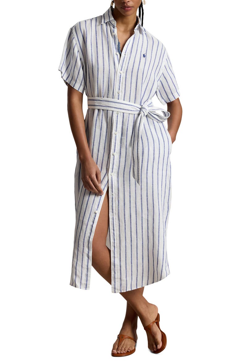 Striped Belted Linen Midi Shirtdress, Main, color, WHITE-ROYAL