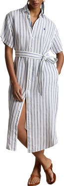 Polo Ralph Lauren Striped Belted Linen Midi Shirtdress