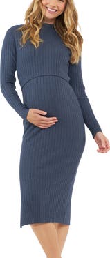 Ripe Maternity Nella Knit Ribbed Maternity and Nursing Midi Dress