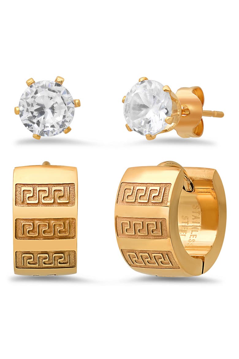 Set of 2 Huggie Hoop & Crystal Stud Earrings, Main, color, GOLD