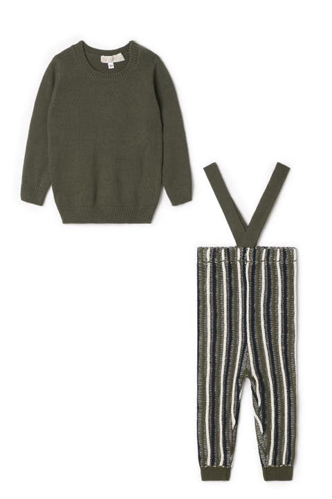 Striped Overall Long Sleeve Knit Ribbed Strap Sweater and Overall Set