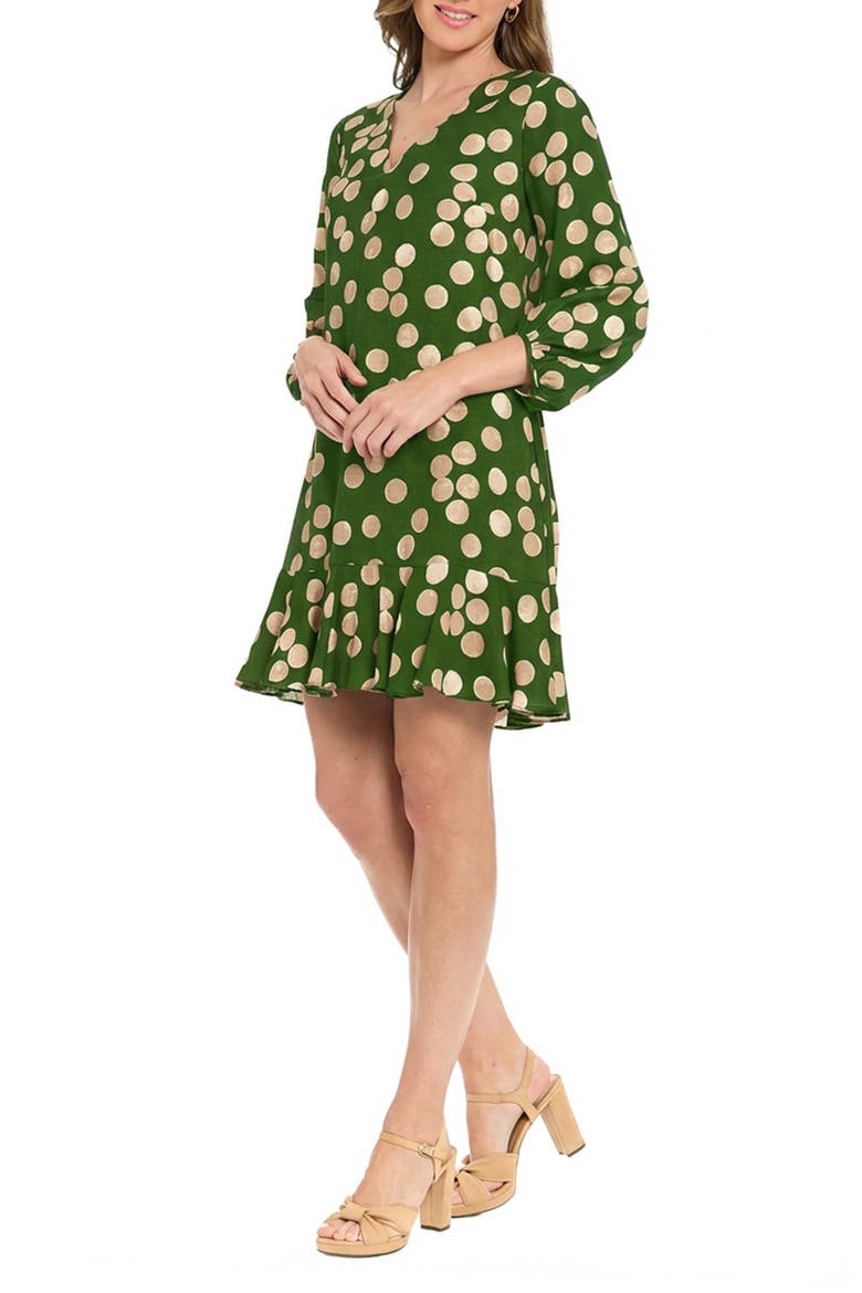 Polka Dot Balloon Sleeve Ruffle Hem Shift Dress, Alternate, color, FOREST ELF/ NOMAD