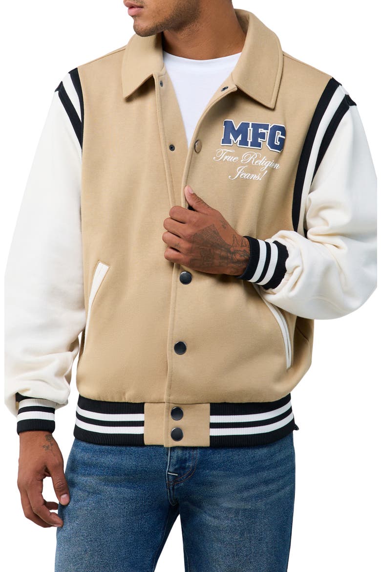 MFG Fleece Varsity Jacket, Main, color, TRAVERTINE/ WINTER WHITE