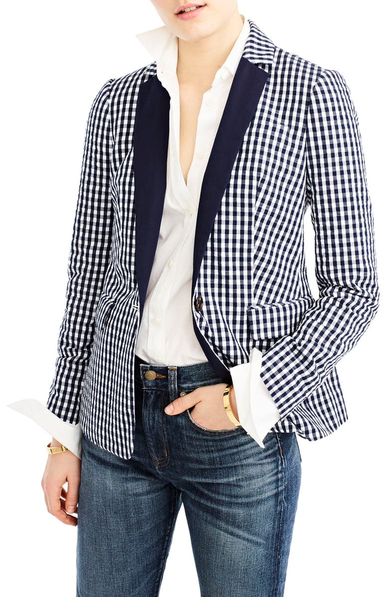 J.Crew Solid Lapel Puckered Gingham Blazer, Main, color,
