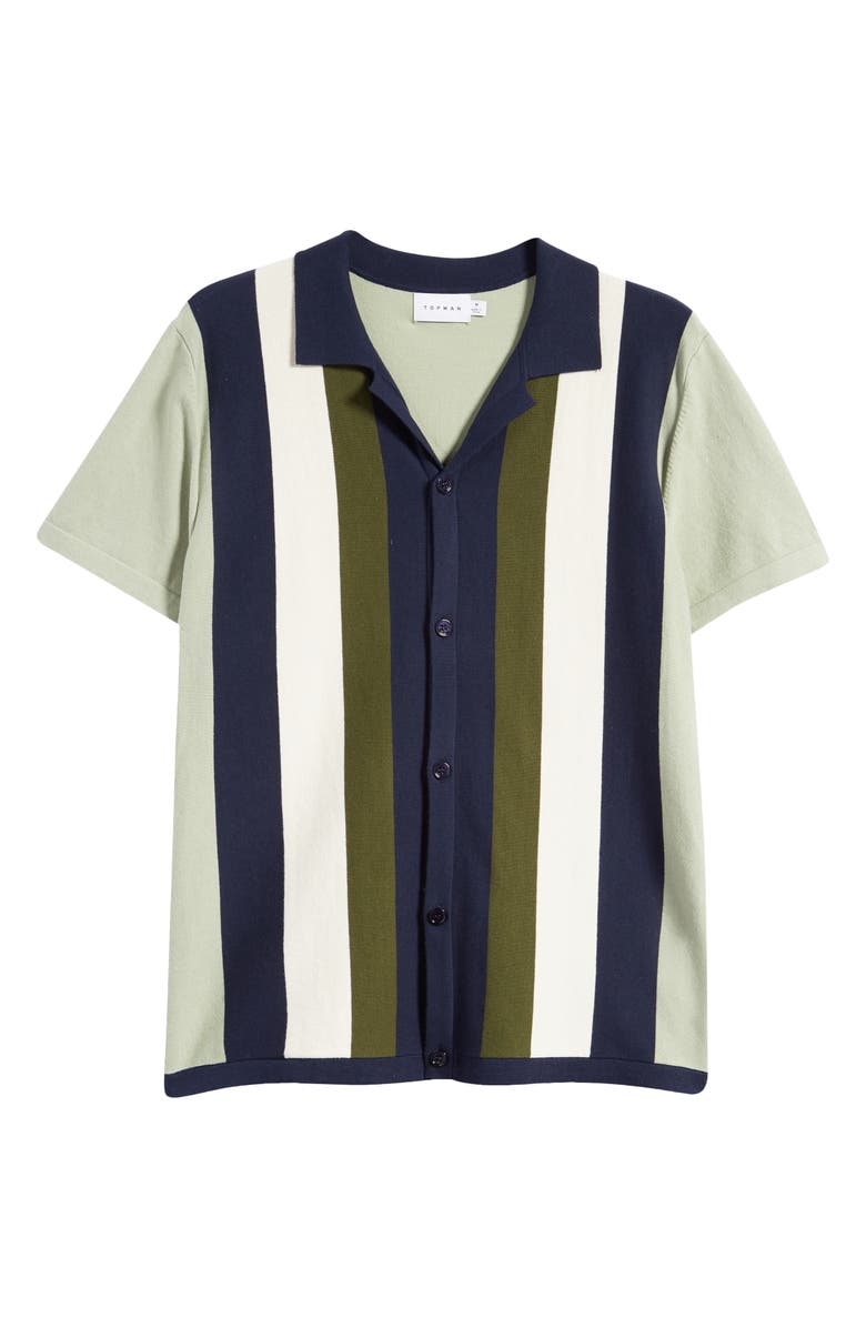Topman Stripe Short Sleeve Knit Button-Up Camp Shirt, Alternate, color, 